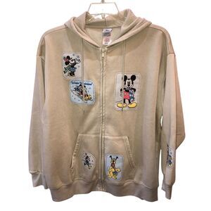 New Disney Mickey Mouse Friends Womens XXL Cream Full Zip Patches Hoodie Jacket